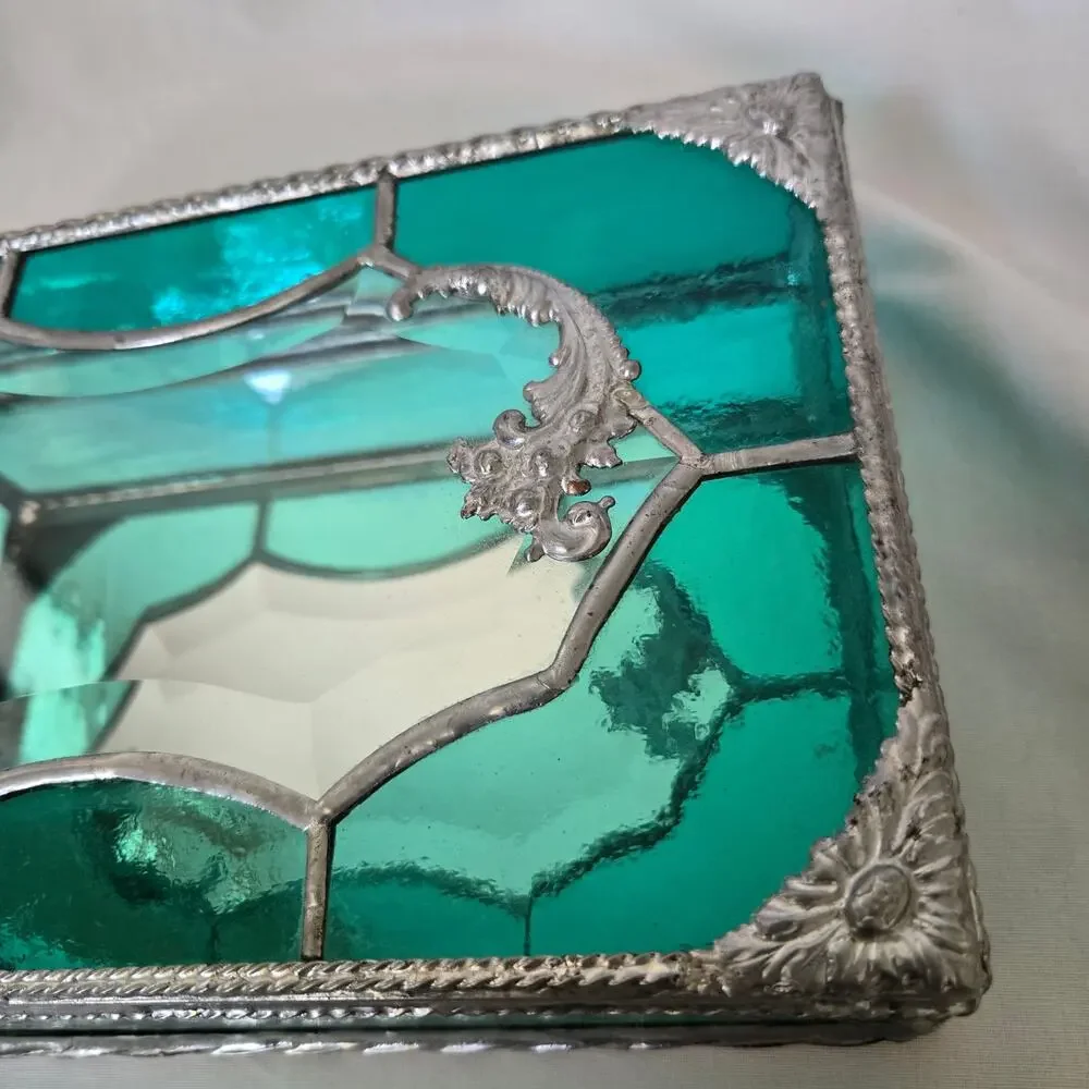 Teal Green Stained Glass Mirrored Jewelry Box Trinket Box Beveled and Waterglass